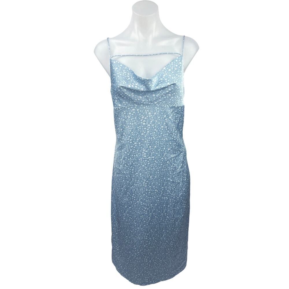 Forever 21 Blue Polka Dot Silk Satin Cowl Neck Midi Slip Cami Camisole Dress